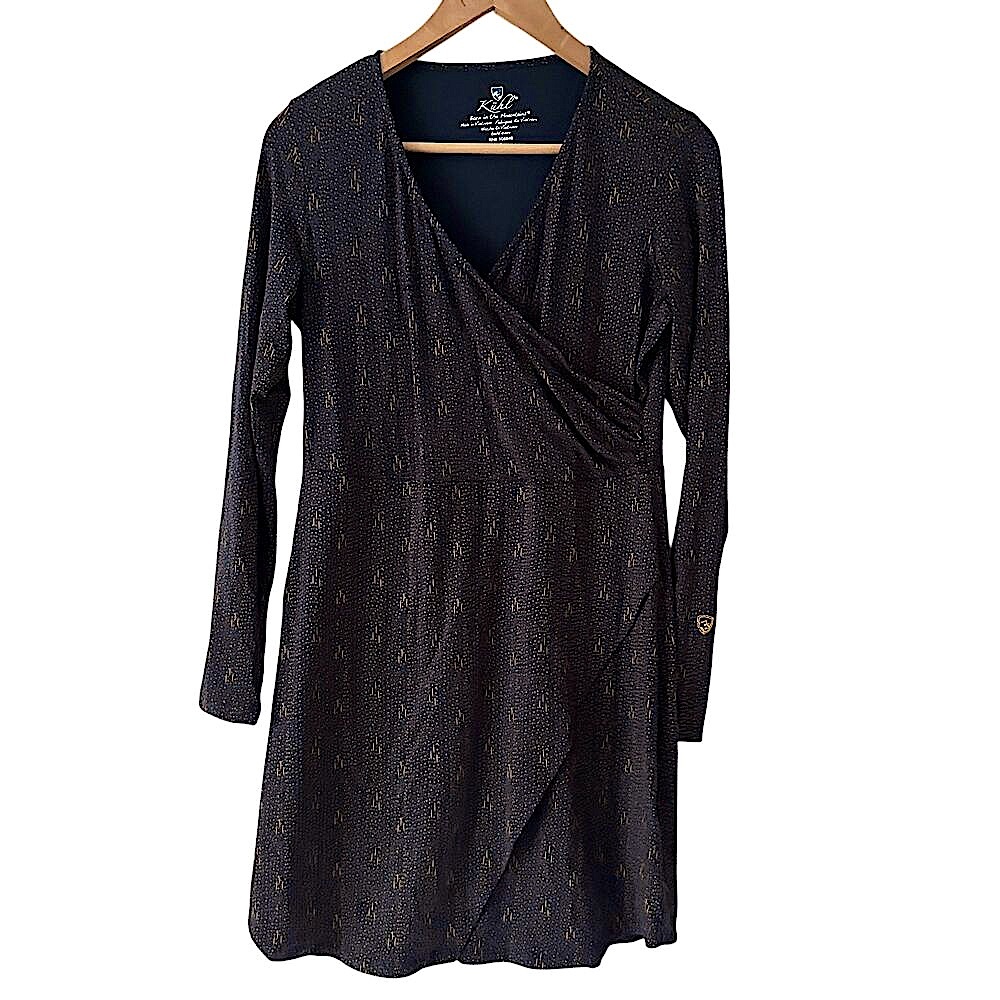Kuhl Blue‎ and Gold Stretchy V-Neck Long Sleeve Organic Cotton Wrap Mini Dress S